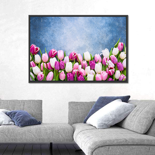 Border Of Pink And White Tulips Canvas Wall Art