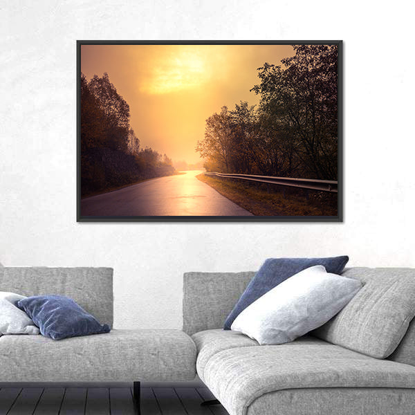 Windy Road Among The Forest At Sunset Canvas Wall Art