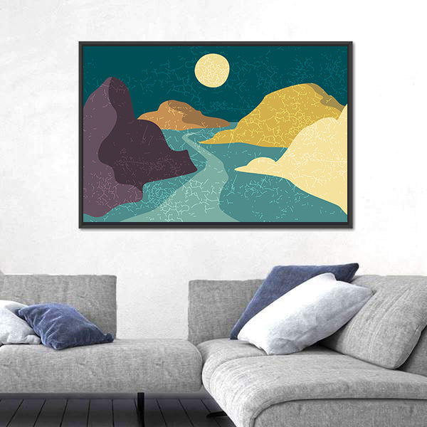 Teal and Purple Moonlit Mountain Abstract Canvas Wall Art