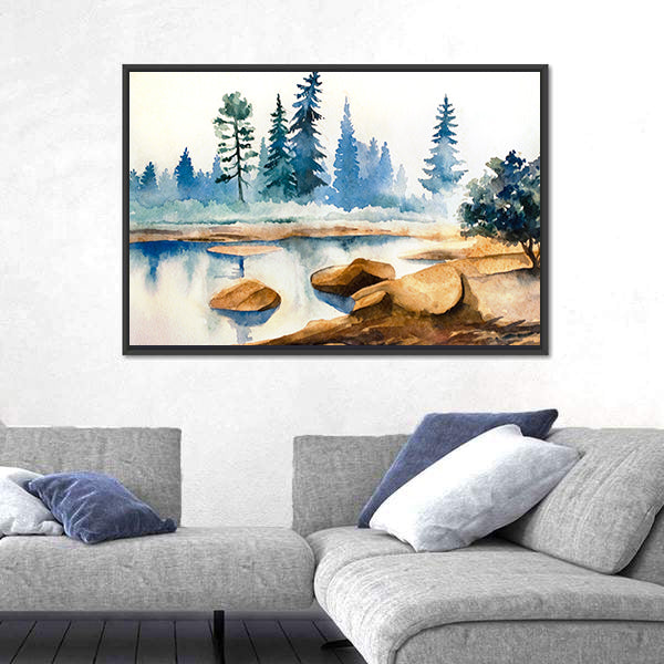 Watercolor Lake Landscape Canvas Wall Art