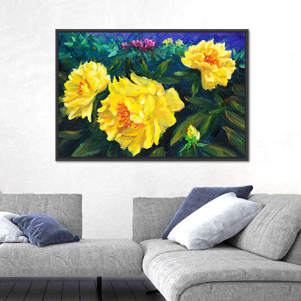 Blooming Yellow Peonies with Textured Blue Background Canvas Wall Art