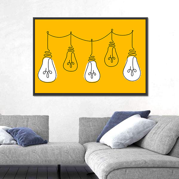 Five Light Bulbs Line on Yellow Canvas Wall Art