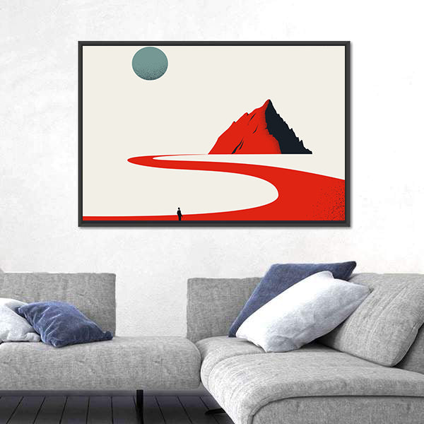 Solitary Figure on Red Path to Geometric Mountain Canvas Wall Art