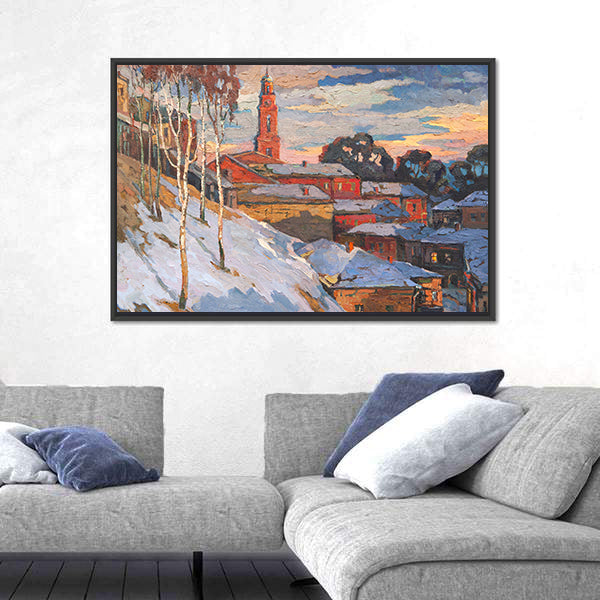 Snowy Hillside Town with Belfry Tower Canvas Wall Art