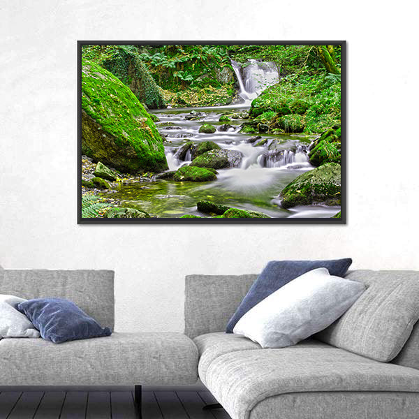 Tranquil Forest Stream And Waterfall Canvas Wall Art