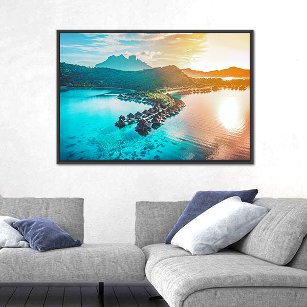 Bora Bora Overwater Bungalows at Sunset Canvas Wall Art