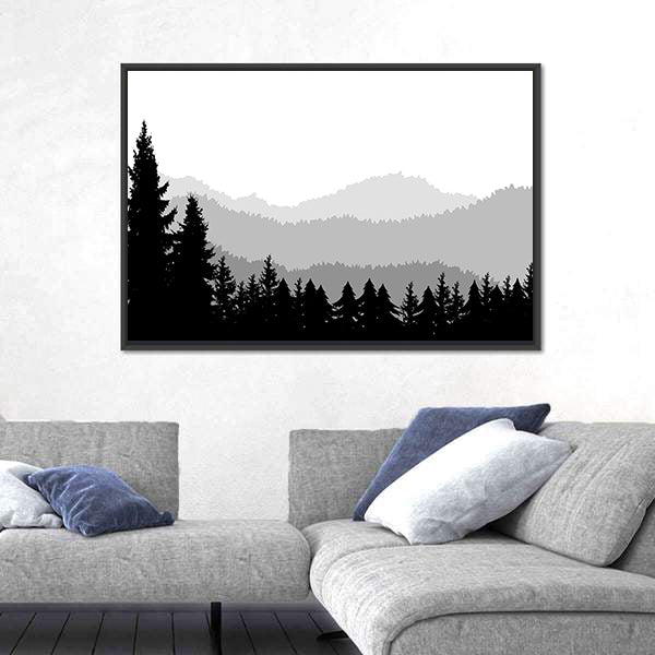 Monochrome Mountain Ranges with Pine Silhouettes Canvas Wall Art