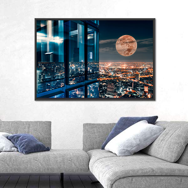 Bangkok Night Skyline with Full Moon Canvas Wall Art