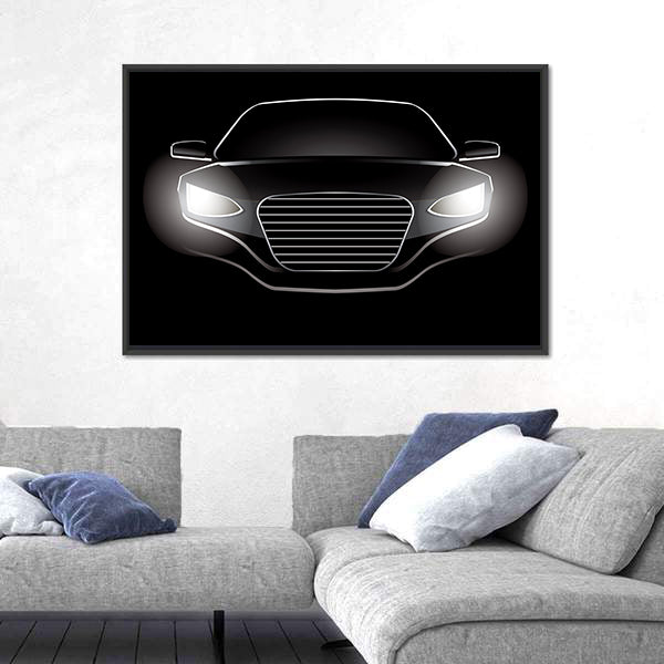 Black Car Silhouette with Glowing Headlights Canvas Wall Art