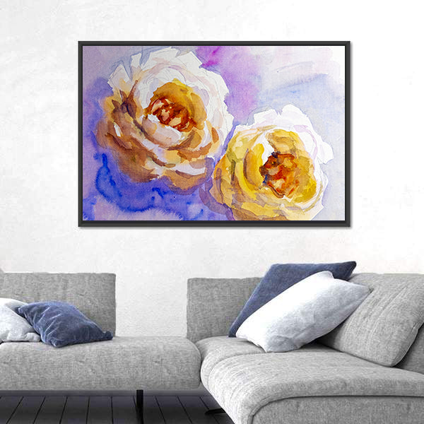 Two Yellow Roses Watercolor Painting Canvas Wall Art