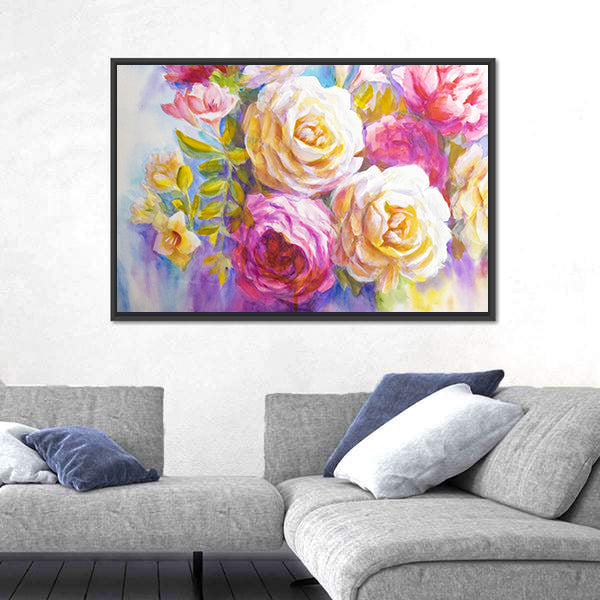 Sketch Of Peonies And Roses Bouquet Canvas Wall Art