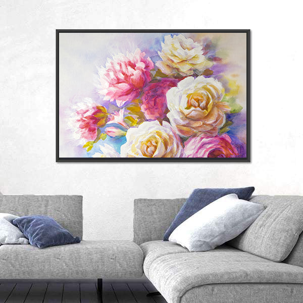 Watercolor Roses And Peonies Sketch Canvas Wall Art