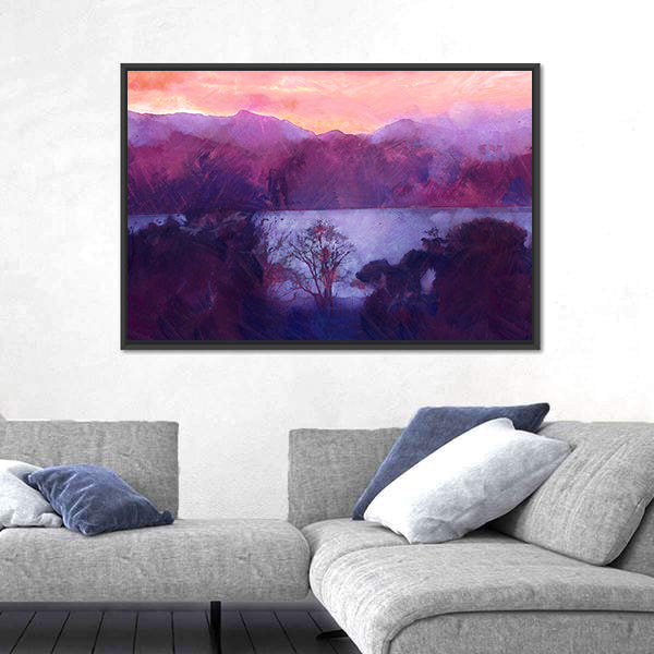 Purple Dusk Over Mountain Lake Canvas Wall Art