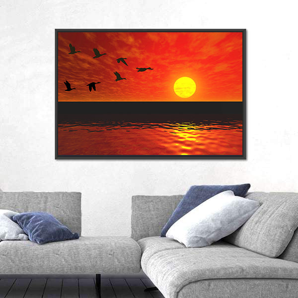 Flying Ducks At Sunset Canvas Wall Art