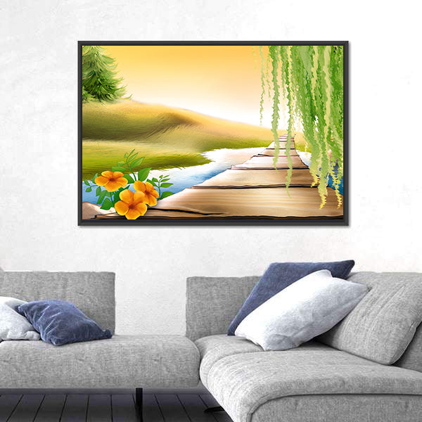 Wooden Footbridge Over Meadow Stream Canvas Wall Art