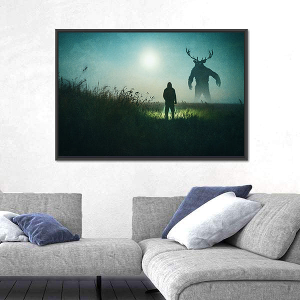 Alone Man Against Mysterious Monster Canvas Wall Art