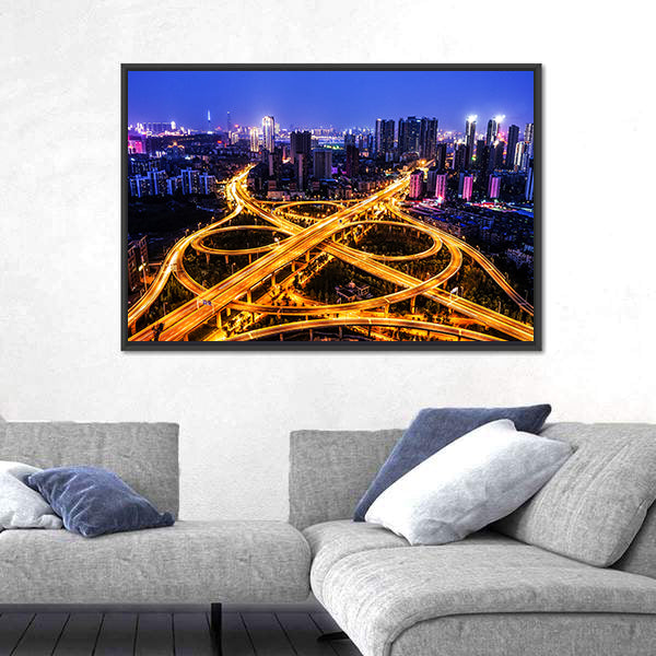 Night Traffic Interchange in Hanyang, Wuhan Canvas Wall Art