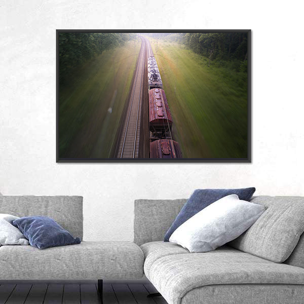Freight Train Travels Through Foggy Forest Canvas Wall Art