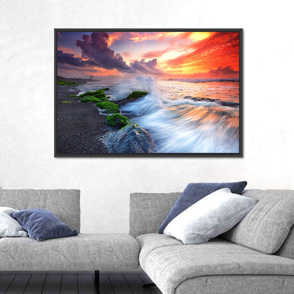 Burning Sky Over Black Sand Beach Canvas Wall Art