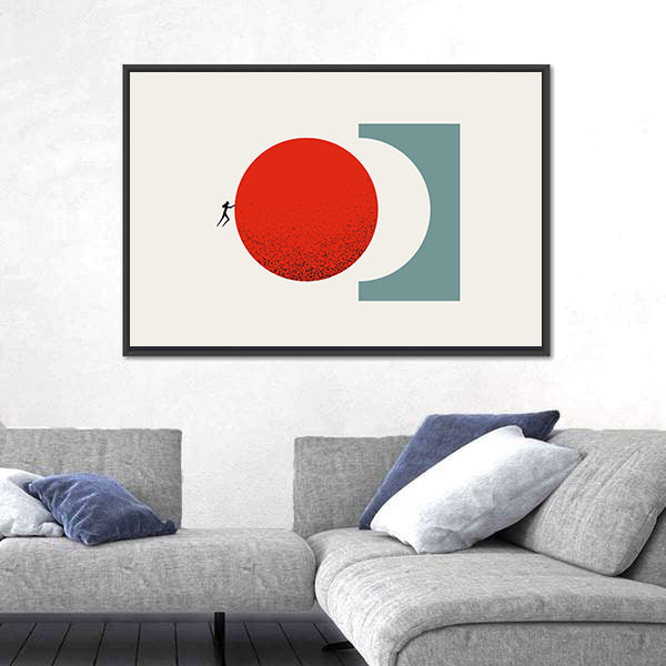 Silhouette Pushing Red Circle Canvas Wall Art