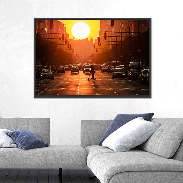 Sunset City Street with Scooter Canvas Wall Art