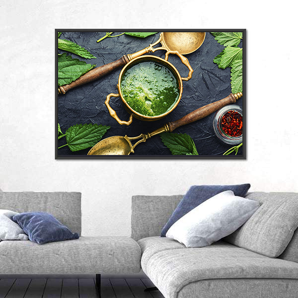 Green Nettle Soup in Brass Pot Canvas Wall Art