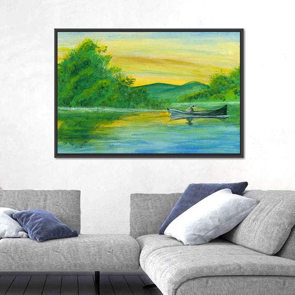 Watercolor Lake with Rowboat at Sunrise Canvas Wall Art