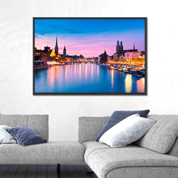 Zurich Skyline At Blue Hour In Switzerland Canvas Wall Art
