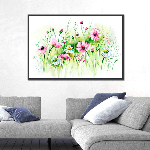 Pink Cosmos and White Daisies Meadow Canvas Wall Art
