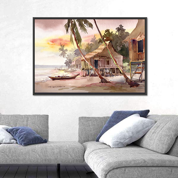 Watercolor Stilt Houses at Sunset Canvas Wall Art