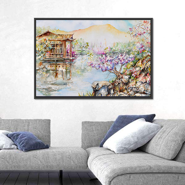 West Lake Stilt House with Pink Blossoms Canvas Wall Art