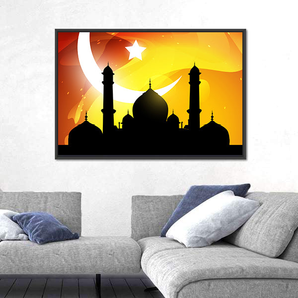 Glowing Ramadan Mosque Silhouette Canvas Wall Art