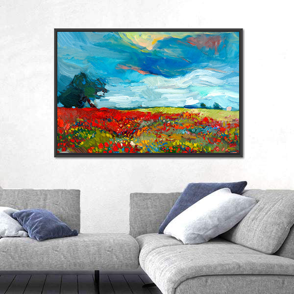 Red Poppy Field Abstract Landscape Canvas Wall Art