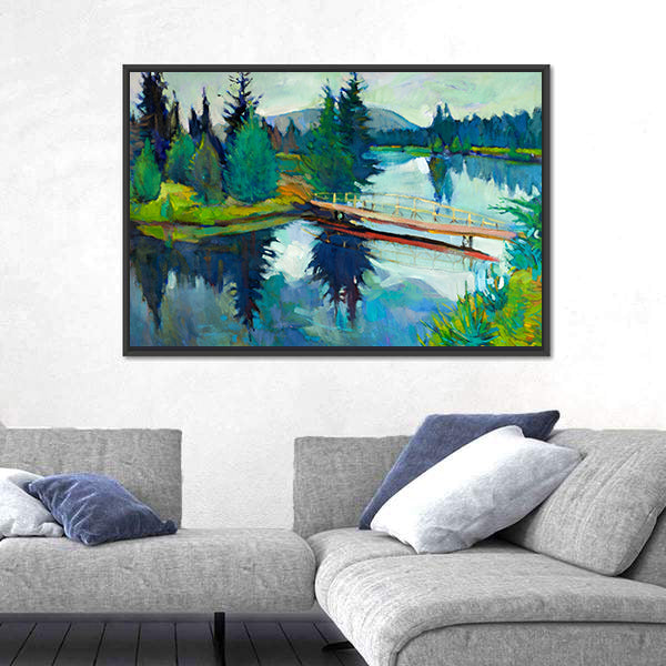Wooden Bridge Over Reflective River Canvas Wall Art