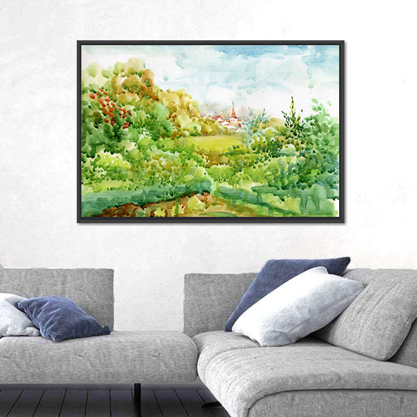 Village Watercolor Landscape with Red-roofed Church Canvas Wall Art
