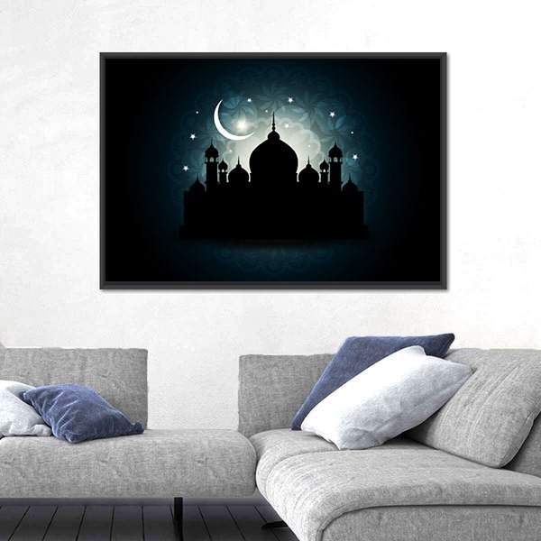 Mosque Silhouette with Crescent Moon and Mandala Canvas Wall Art