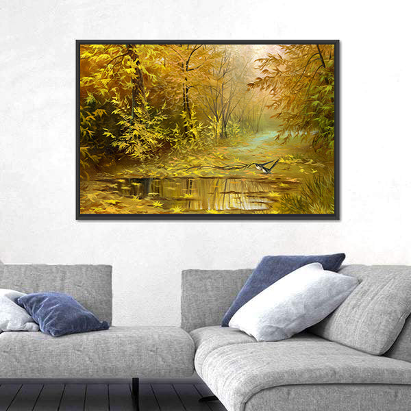 Golden Autumn Forest with Reflecting Puddle Canvas Wall Art