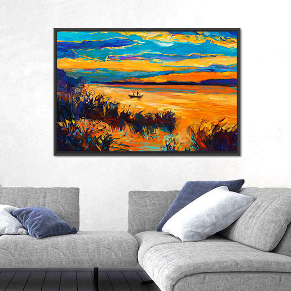 Rowboat on Lake at Sunset Canvas Wall Art