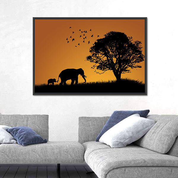 African Elephants In The Sunset Canvas Wall Art