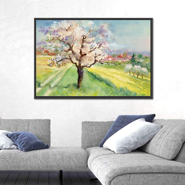 Village Life Watercolor Landscape Canvas Wall Art