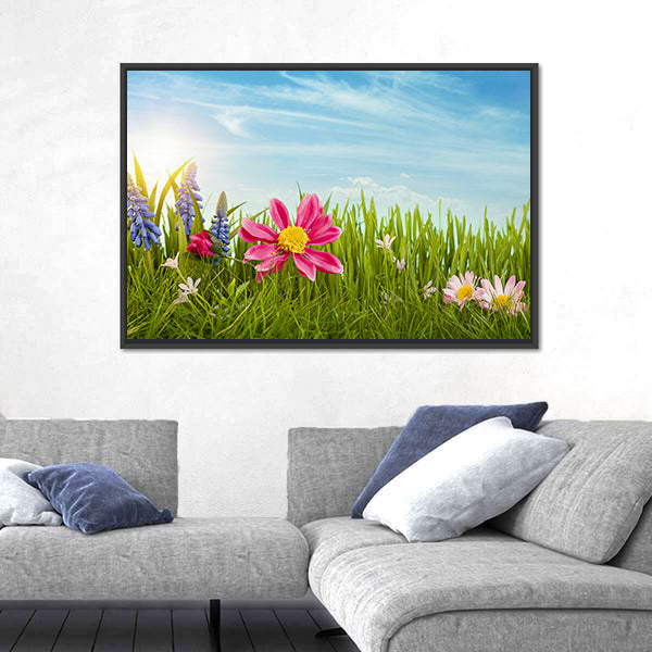 Spring Flowers Under Blue Sky Canvas Wall Art