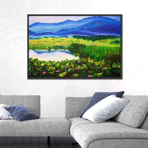 Summer Mountain Lake with Lotus Canvas Wall Art
