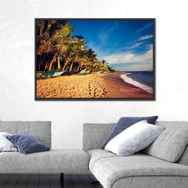 Boats On A Tropical Beach In Mirissa South Sri Lanka Canvas Wall Art
