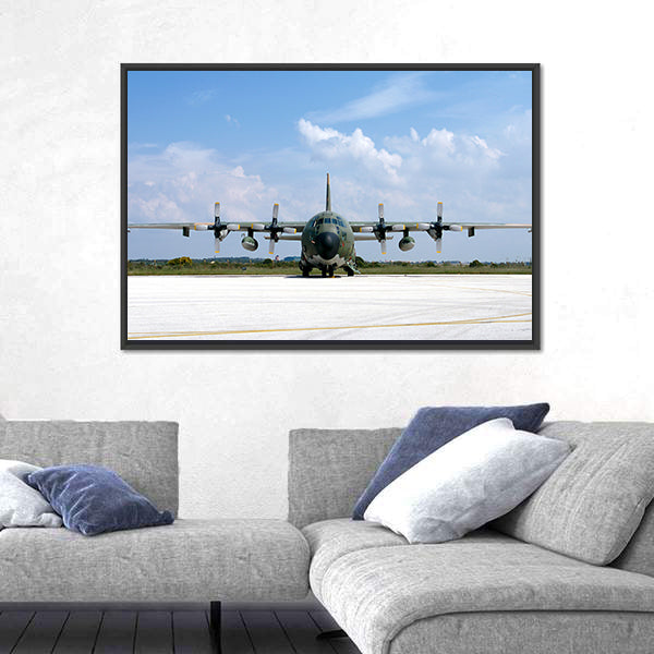 Military Airplane Parked At An Airbase Canvas Wall Art