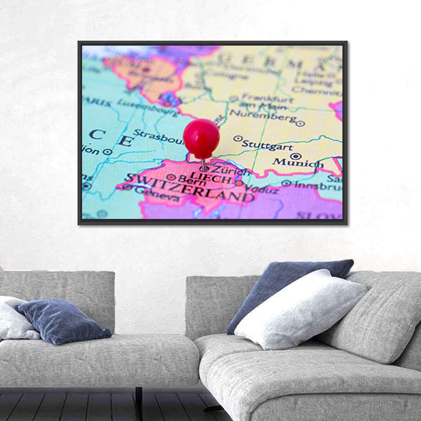 Red Pushpin on Map of Switzerland Canvas Wall Art