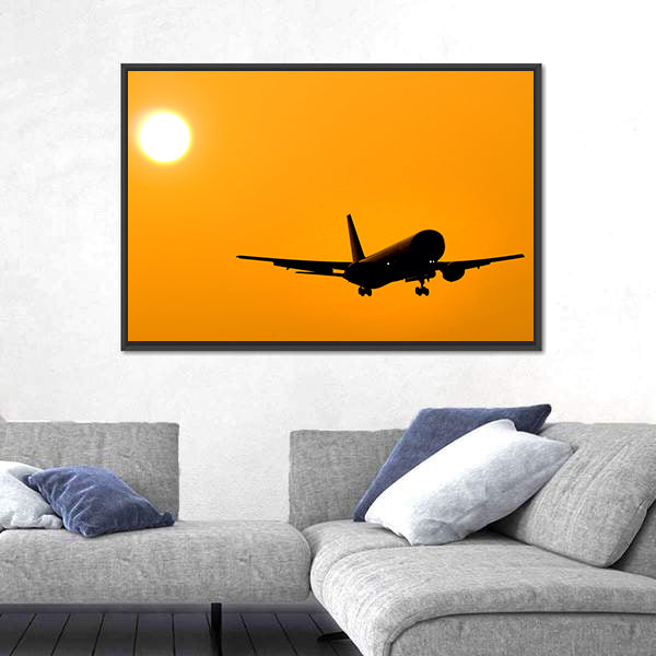 Aircraft Landing At Sunset Canvas Wall Art