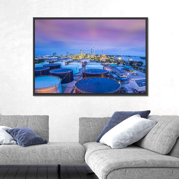 Twilight Oil Refinery with Storage Tanks Canvas Wall Art