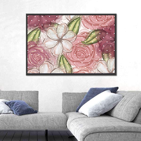 Pink Roses and White Blossoms Pattern Canvas Wall Art