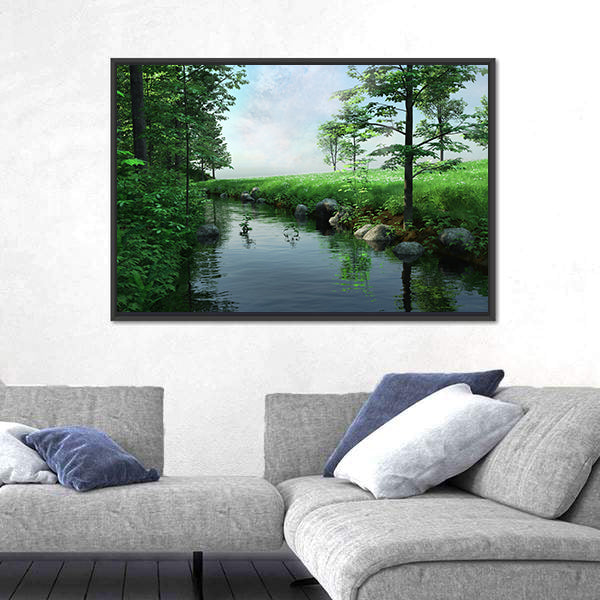 Green Meadow by a Winding Stream Canvas Wall Art
