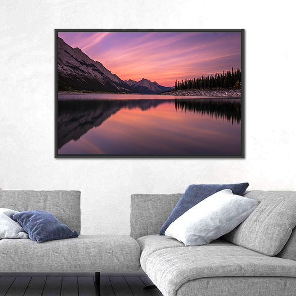 Medicine Lake At Sunset In Canadian Rockies Canvas Wall Art